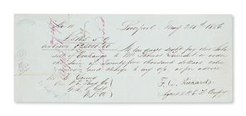 (MORMONS.) YOUNG, BRIGHAM. Signature, on a bill of exchange, acknowledging receipt of $25,000 as a trustee of payee, Thomas Tennant.
